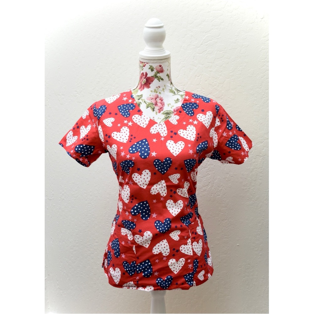Zoe + Chloe Patriotic Polka Dot Heart Scrub Red/White/Blue Top